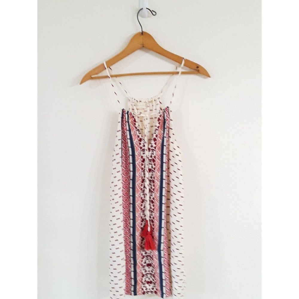 Womens Altar'd State Cream Cotton Tunic Long Bohemian Tie Neck Tank Top